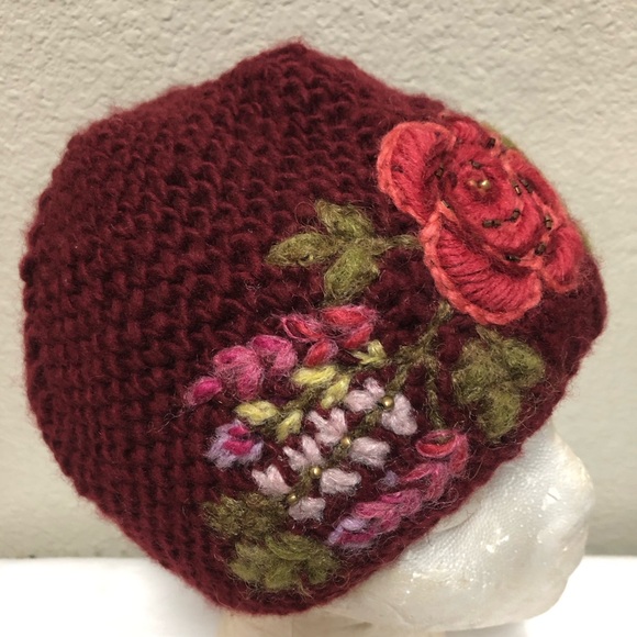 FRENCH KNOT WOOL Josephine Cloche Burgundy Floral Knit Beanie.Hand Embroidered - Picture 9 of 11
